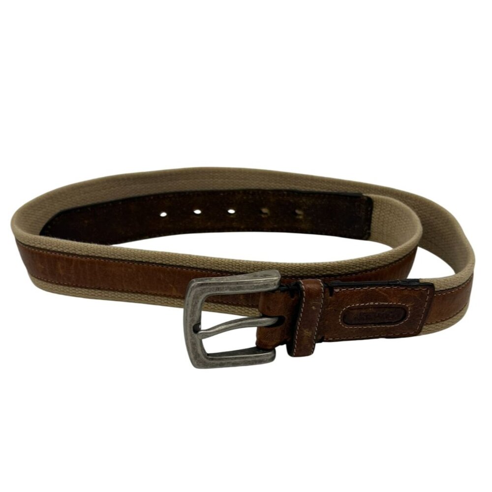 Vintage Columbia Mens Canvas Leather Buckle Belt Brown Silver Hardware Classic